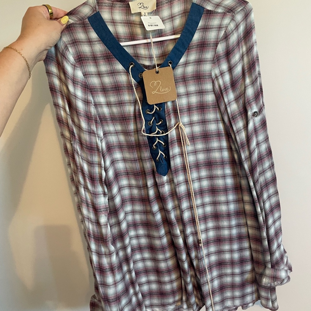 2Love Plaid Lace-Up Blouse